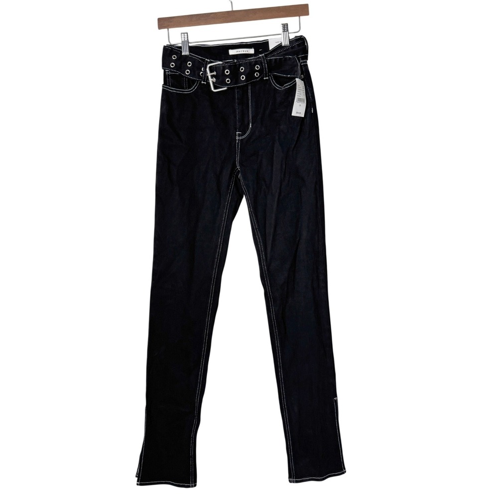 Pacsun High Rise Slim Belted Jeans Contrast Stitch Split Hem Denim Womens 25 NEW
